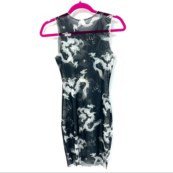 XS Black Chinese Dragon Lettuce Trim Mesh Dress - Picture 4 of 7